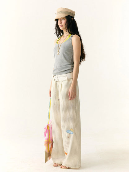 Tropical Embroidered Linen Blend Wide Leg Pants
