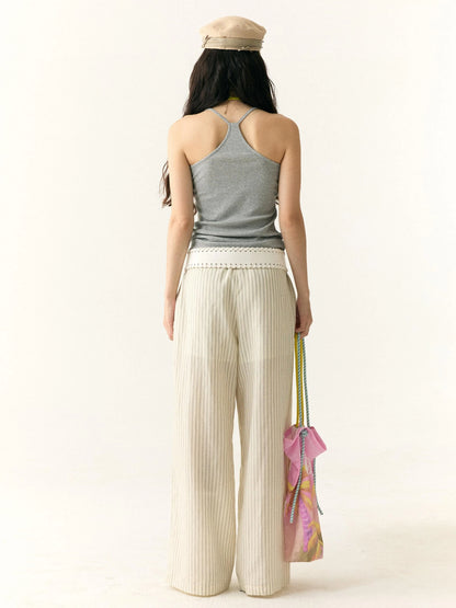 Tropical Embroidered Linen Blend Wide Leg Pants