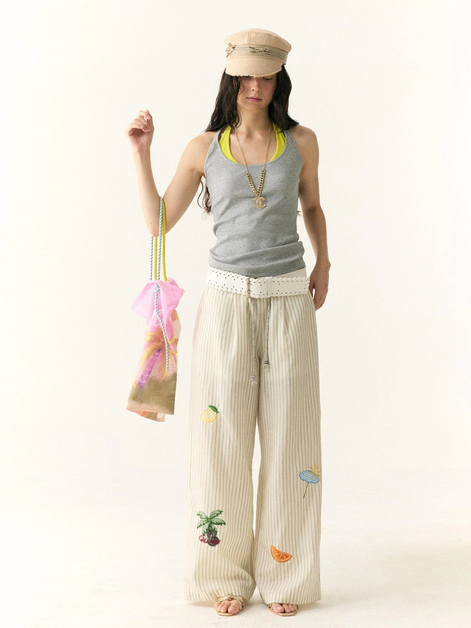 Tropical Embroidered Linen Blend Wide Leg Pants