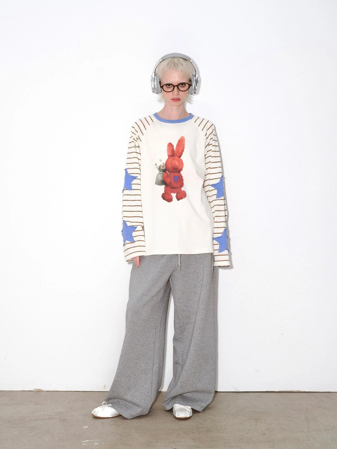 V-Neck T-Shirt Long Sleeve Striped Tee 3D Plush Print Raglan Sleeve