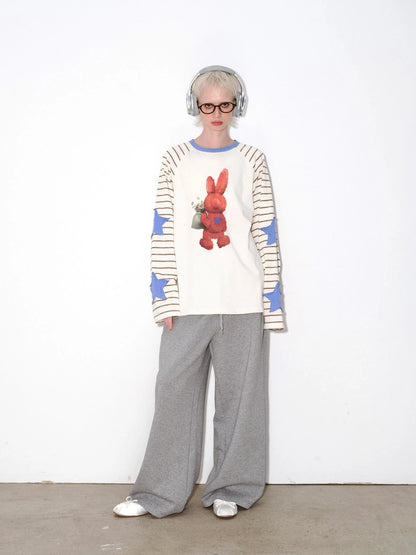 V-Neck T-Shirt Long Sleeve Striped Tee 3D Plush Print Raglan Sleeve