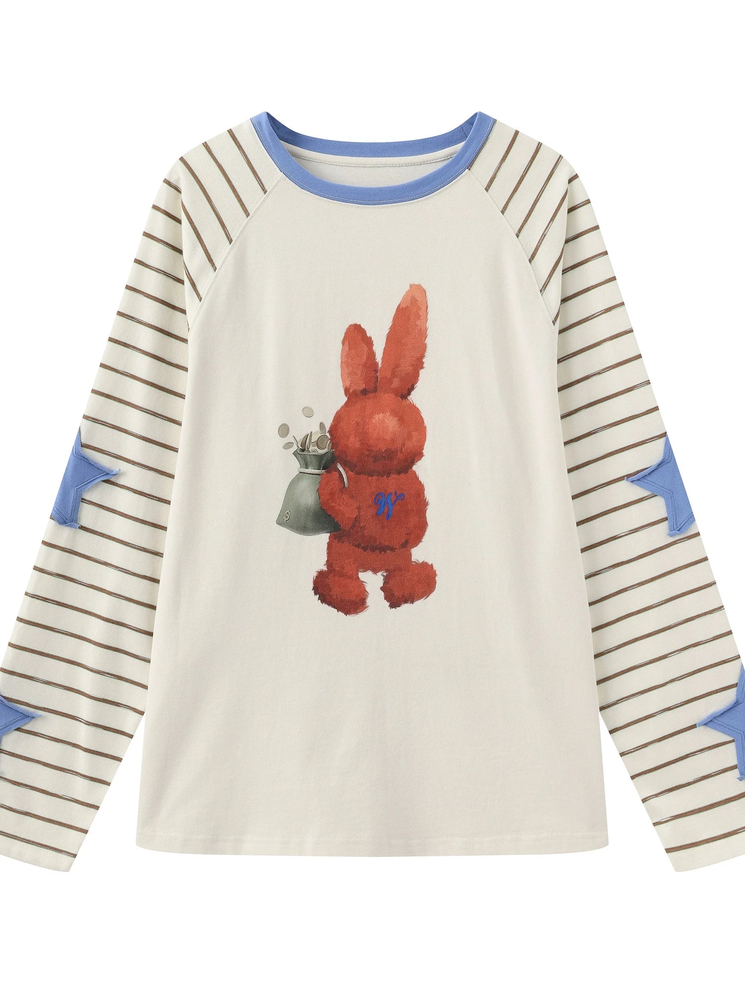 V-Neck T-Shirt Long Sleeve Striped Tee 3D Plush Print Raglan Sleeve