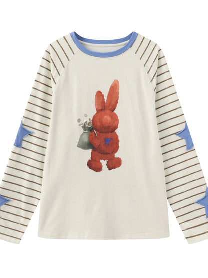 V-Neck T-Shirt Long Sleeve Striped Tee 3D Plush Print Raglan Sleeve