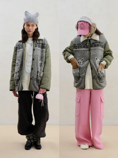 Vintage Cat Fair Isle Knit Detachable Faux Fur Collar Jacket