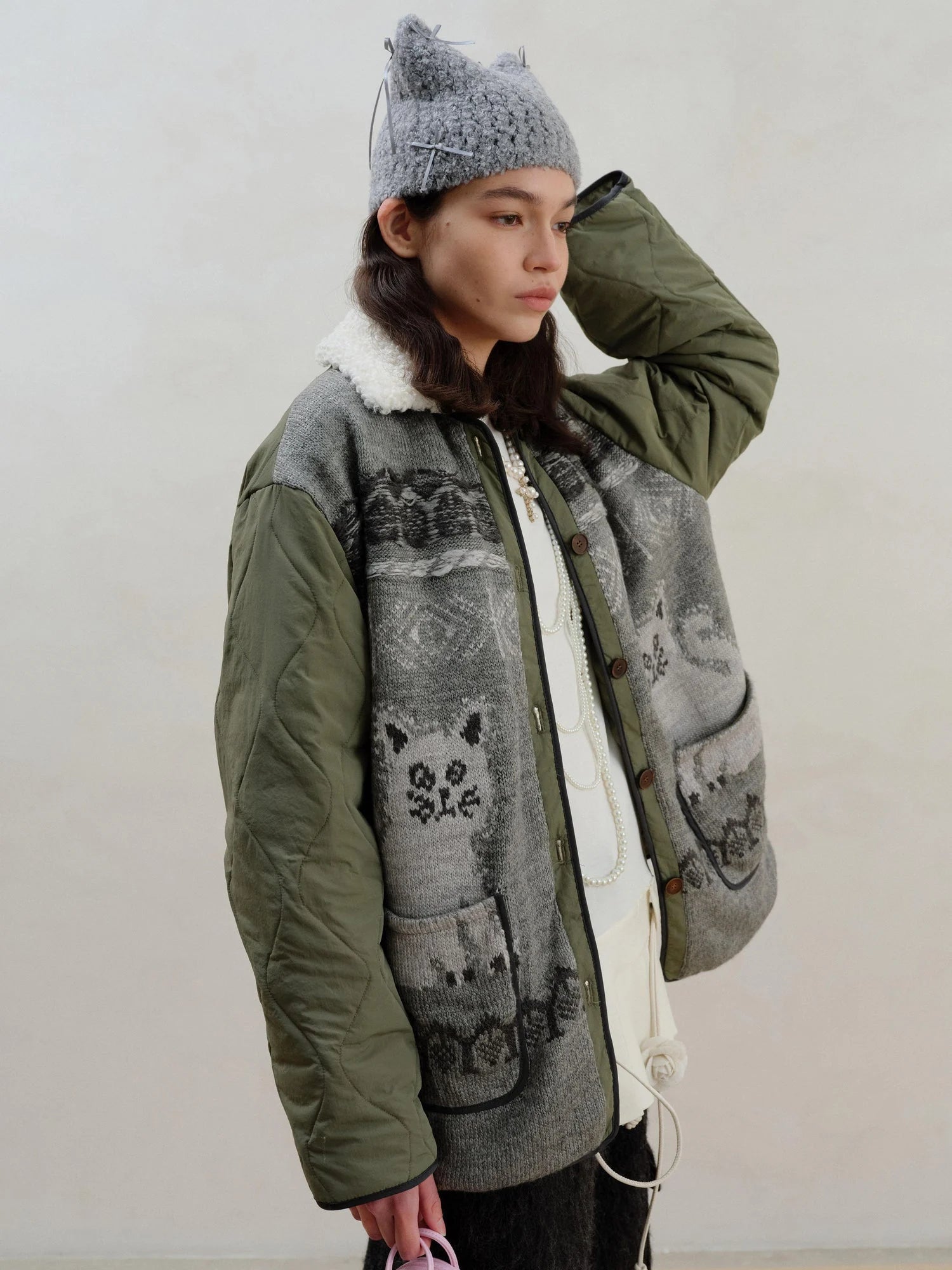 Vintage Cat Fair Isle Knit Detachable Faux Fur Collar Jacket