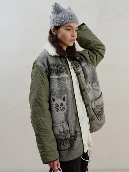 Vintage Cat Fair Isle Knit Detachable Faux Fur Collar Jacket