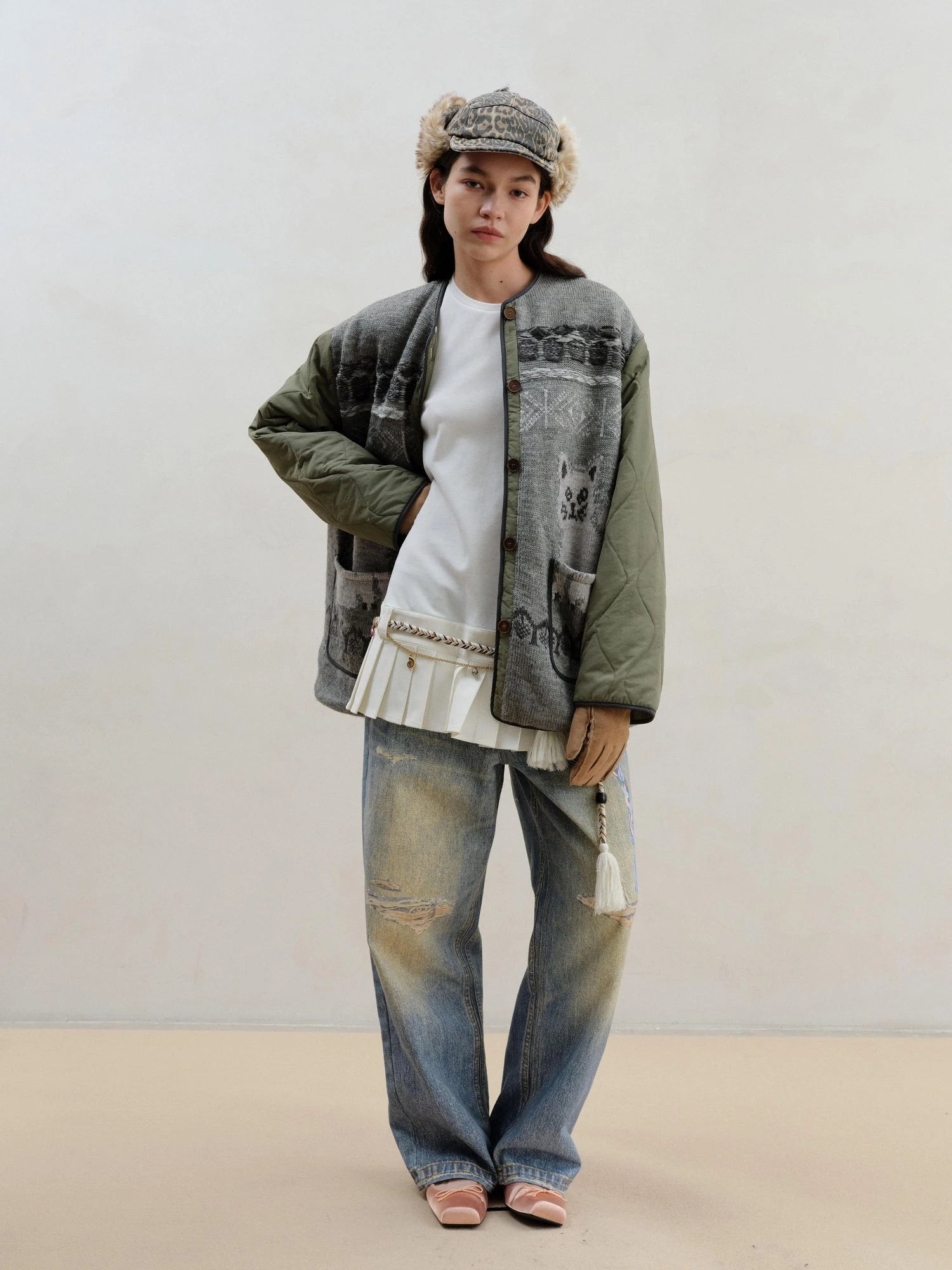 Vintage Cat Fair Isle Knit Detachable Faux Fur Collar Jacket