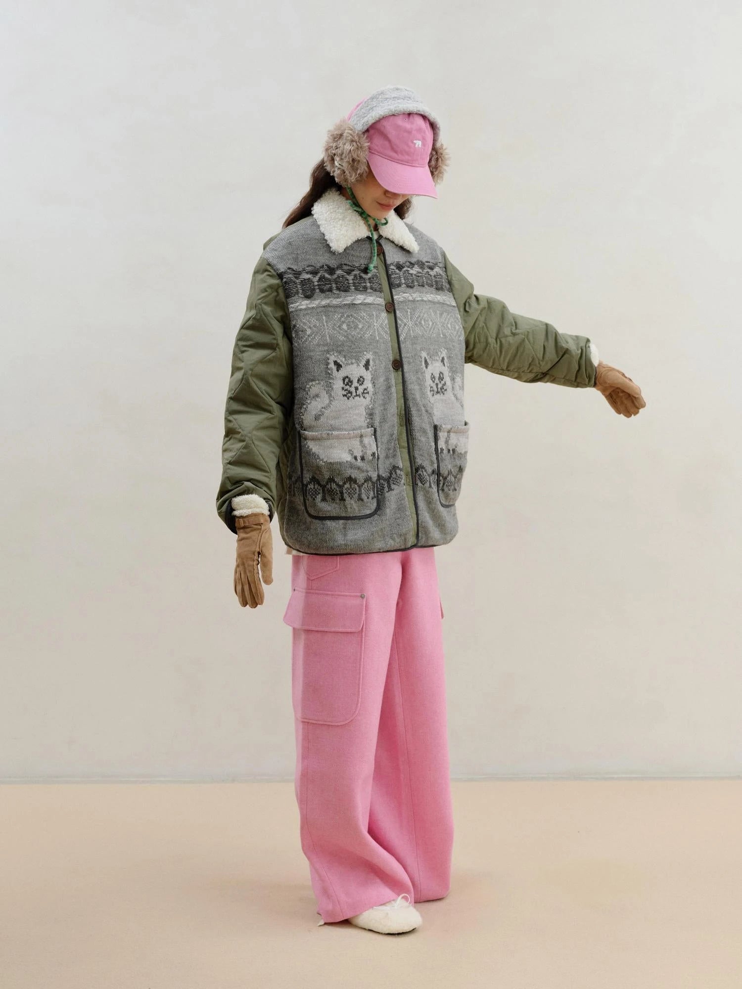 Vintage Cat Fair Isle Knit Detachable Faux Fur Collar Jacket