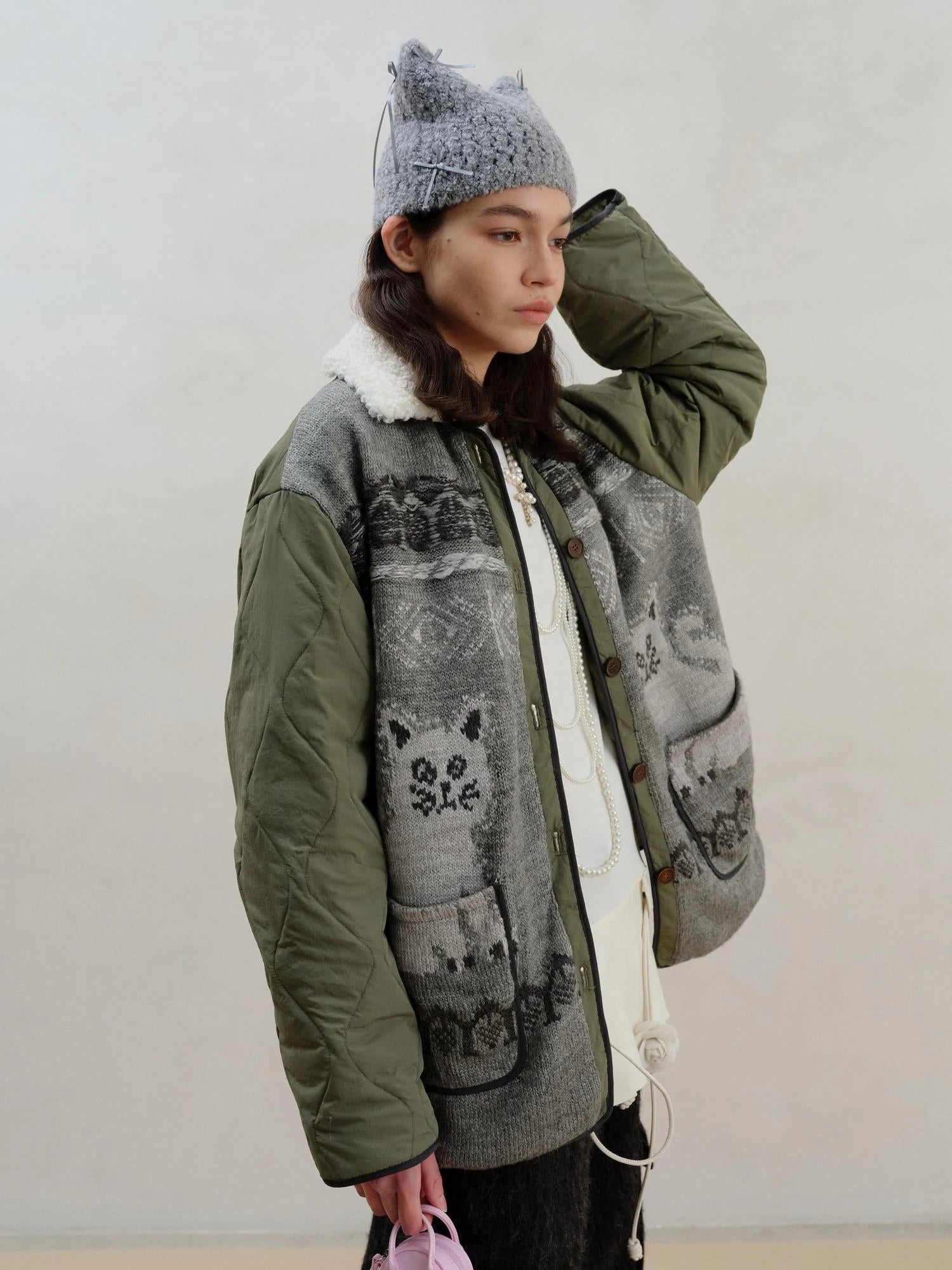 Vintage Cat Fair Isle Knit Detachable Faux Fur Collar Jacket