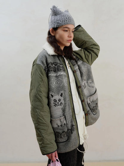 Vintage Cat Fair Isle Knit Detachable Faux Fur Collar Jacket