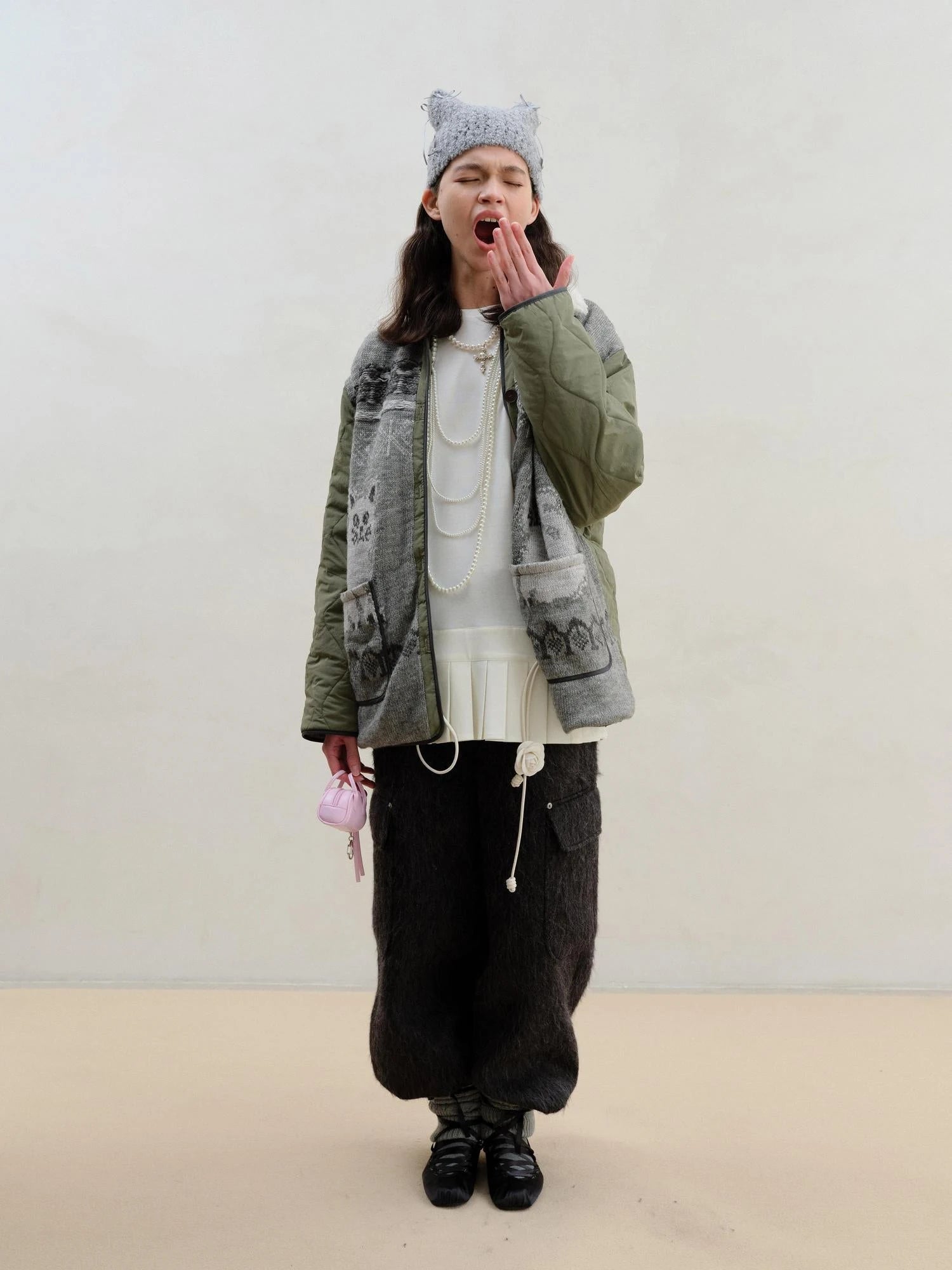 Vintage Cat Fair Isle Knit Detachable Faux Fur Collar Jacket