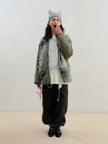 Vintage Cat Fair Isle Knit Detachable Faux Fur Collar Jacket