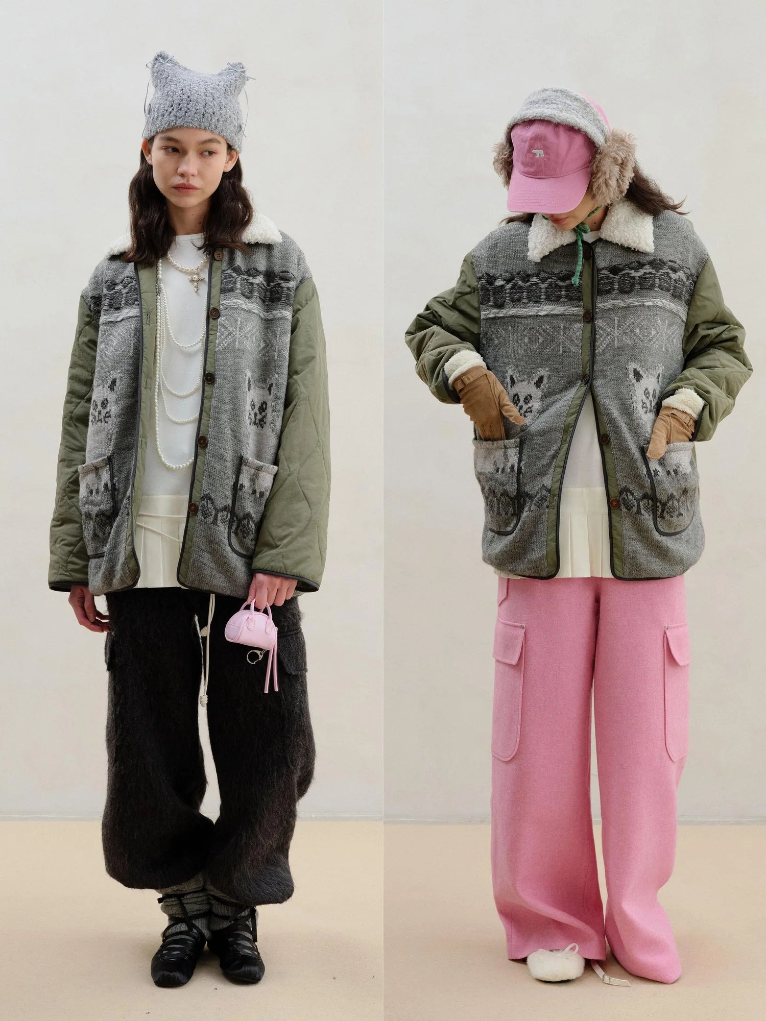 Vintage Cat Fair Isle Knit Detachable Faux Fur Collar Jacket