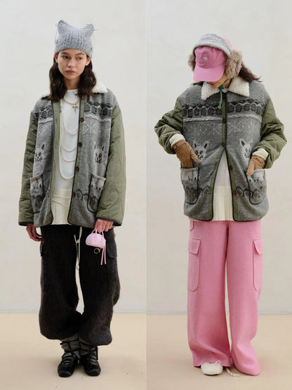 Vintage Cat Fair Isle Knit Detachable Faux Fur Collar Jacket