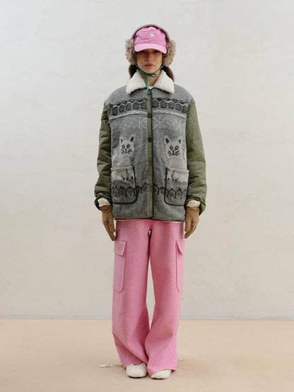 Vintage Cat Fair Isle Knit Detachable Faux Fur Collar Jacket