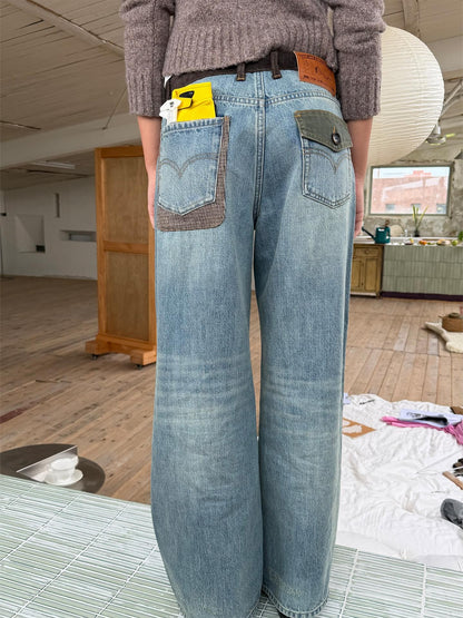 wii wil Washed Vintage Patch Pocket Fold Over Waist Light Blue Women&