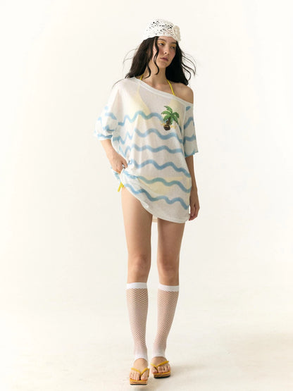 Waves Stripe Off Shoulder Cover Up Tunic