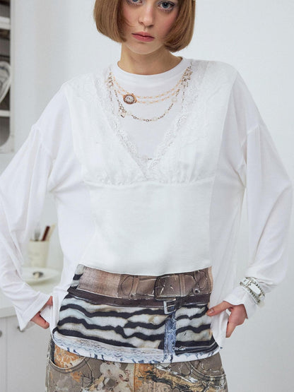 wii wil White Crewneck Lace Camisole Illusion Print Women&