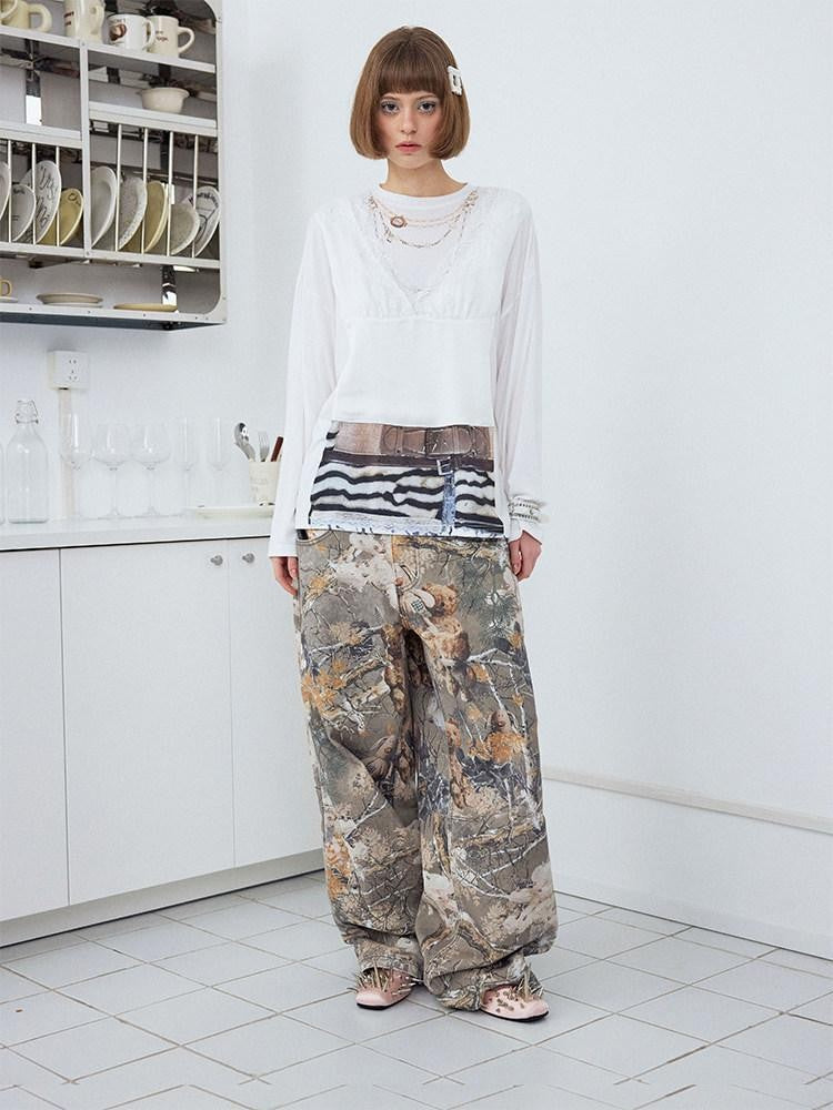wii wil White Crewneck Lace Camisole Illusion Print Women&