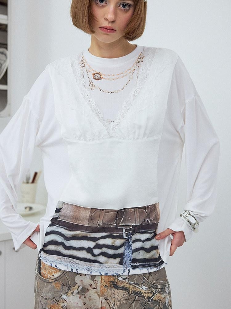 wii wil White Crewneck Lace Camisole Illusion Print Women&
