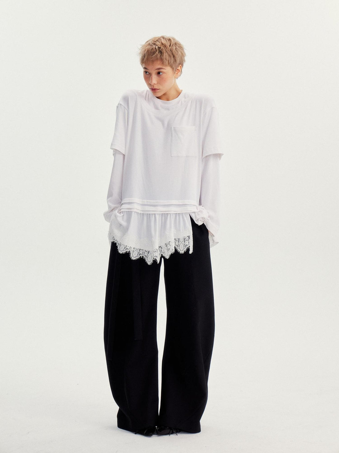 wii wil White Lace Hem Spliced Faux Two Piece Women&