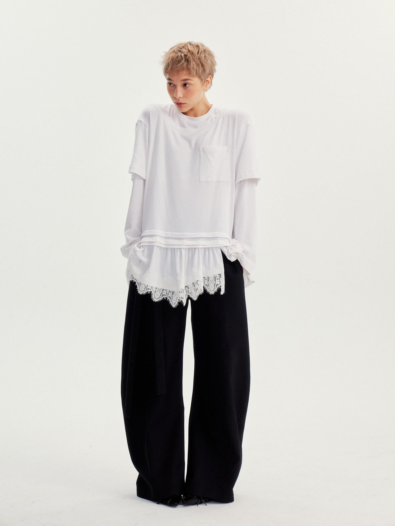 wii wil White Lace Hem Spliced Faux Two Piece Women&