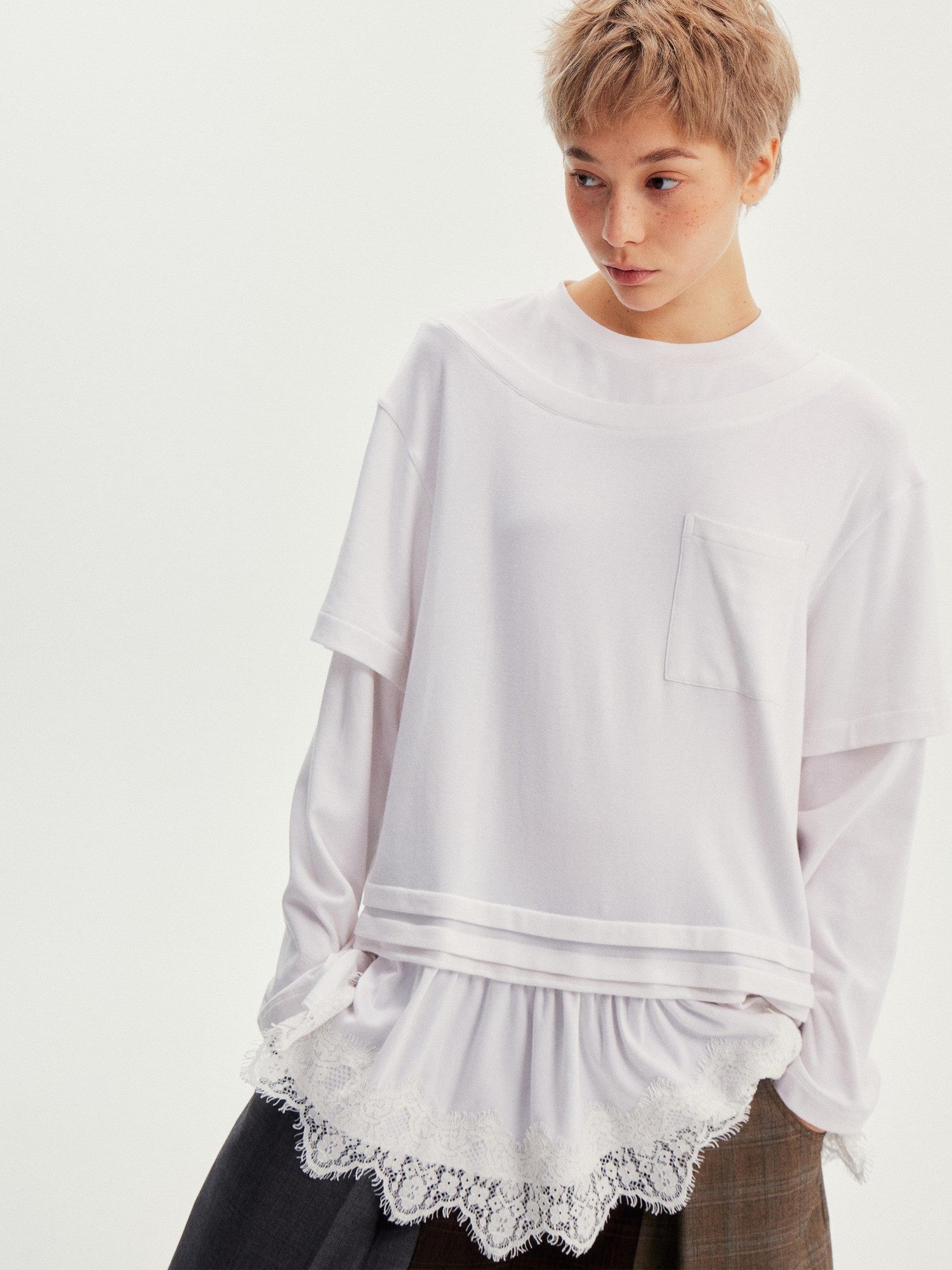 wii wil White Lace Hem Spliced Faux Two Piece Women&