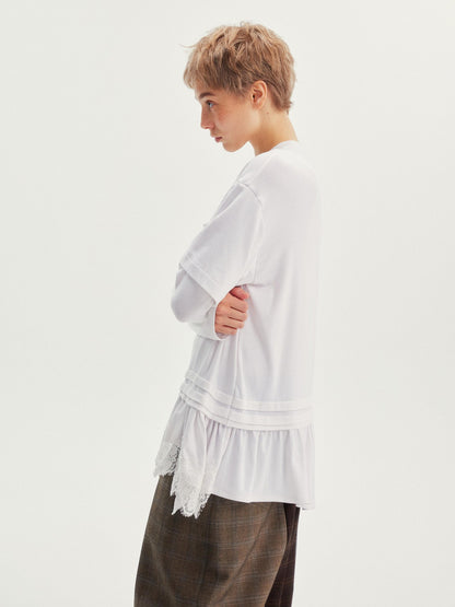 wii wil White Lace Hem Spliced Faux Two Piece Women&