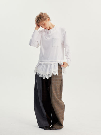 wii wil White Lace Hem Spliced Faux Two Piece Women&