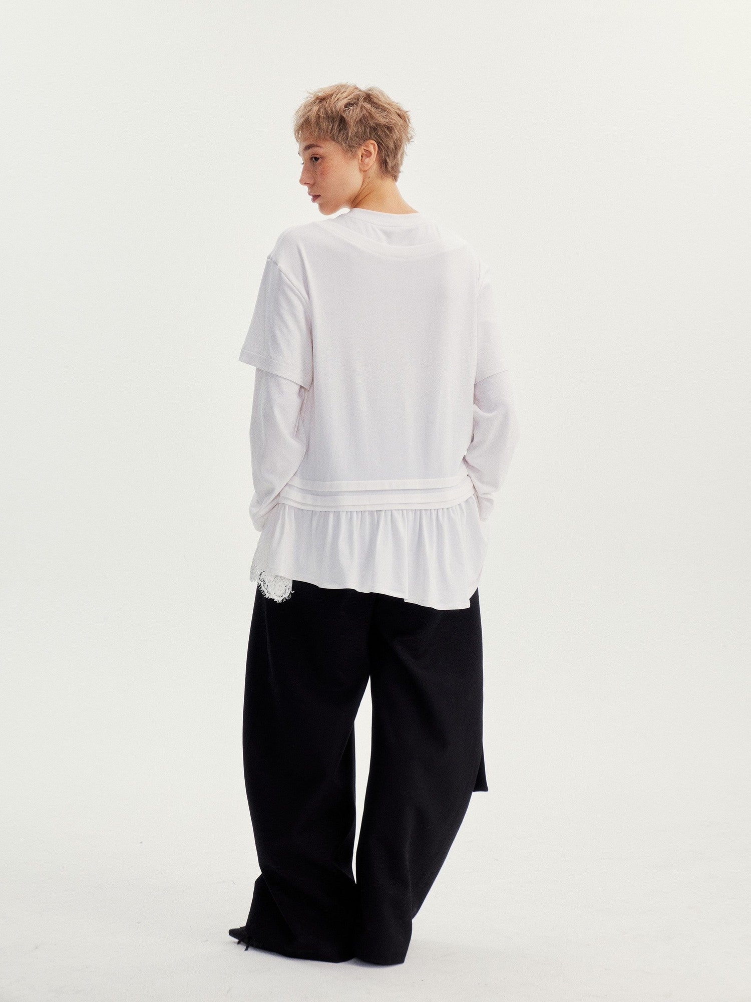 wii wil White Lace Hem Spliced Faux Two Piece Women&