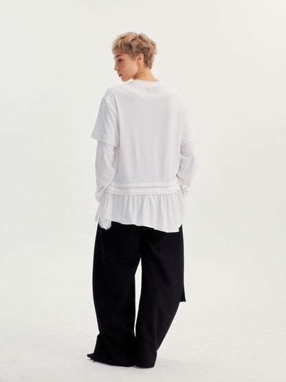 wii wil White Lace Hem Spliced Faux Two Piece Women&