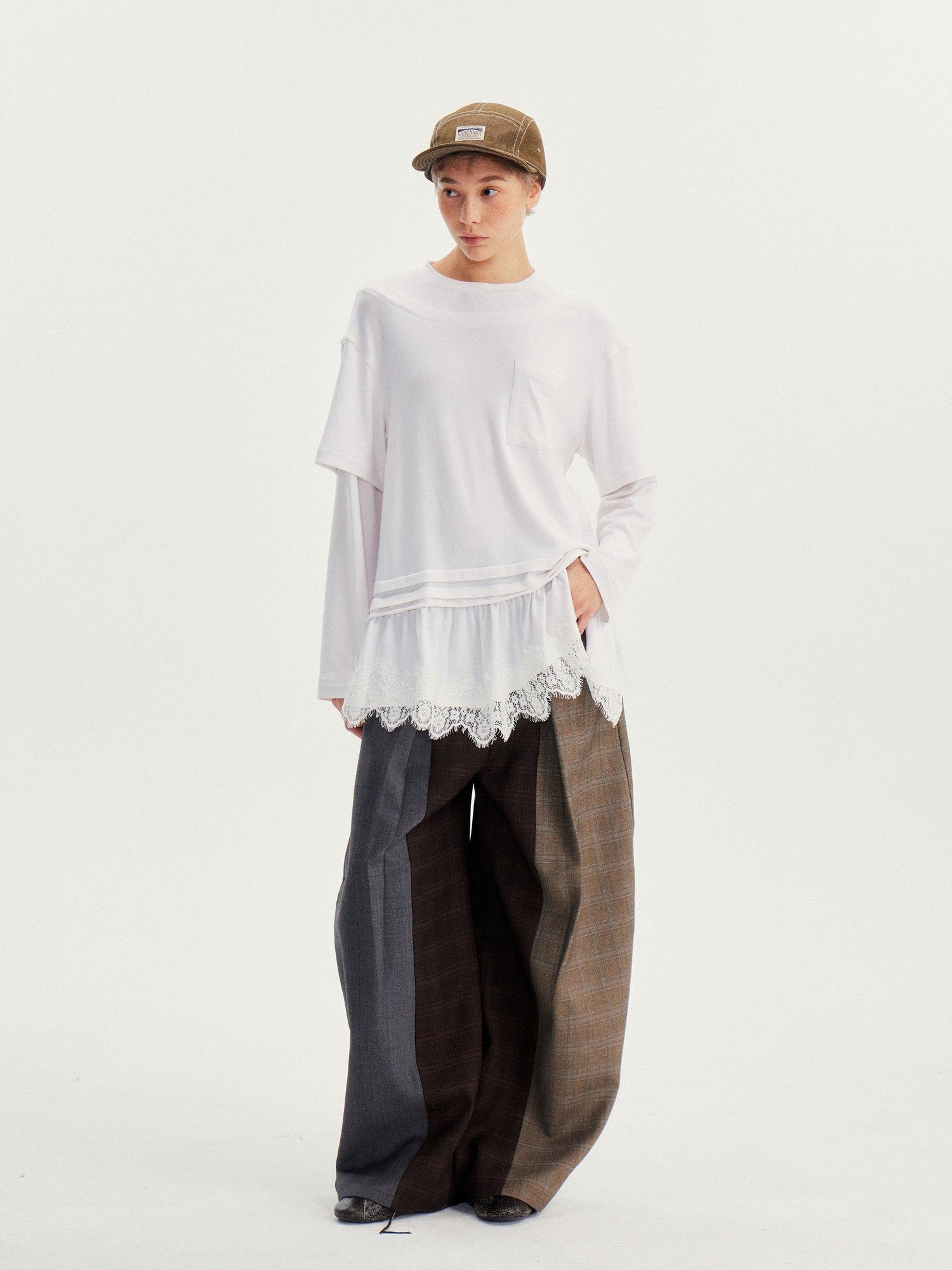 wii wil White Lace Hem Spliced Faux Two Piece Women&