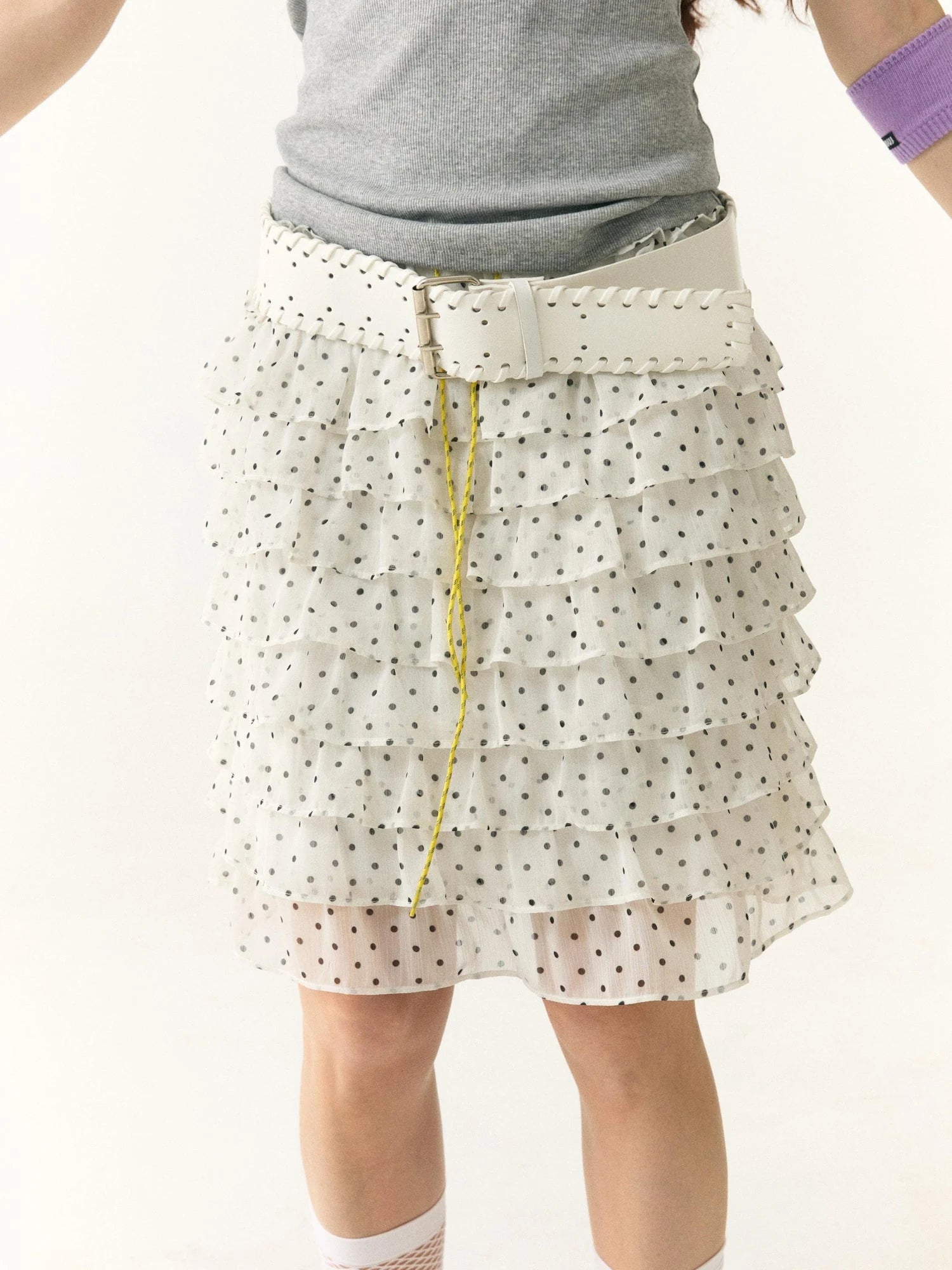 Wii Wil Black White Polka Dot Print Tiered Ruffle Cake Skirt