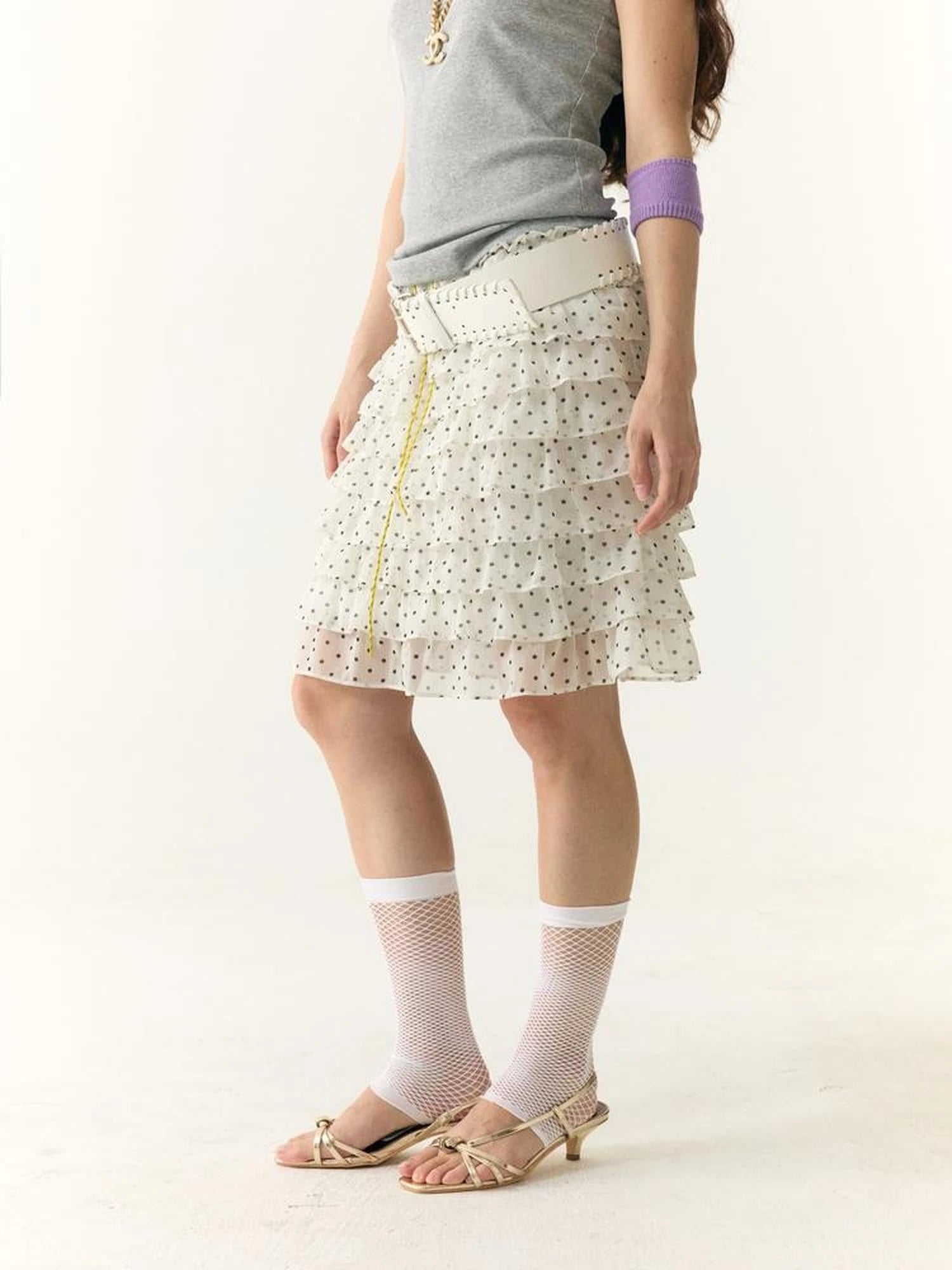 Wii Wil Black White Polka Dot Print Tiered Ruffle Cake Skirt