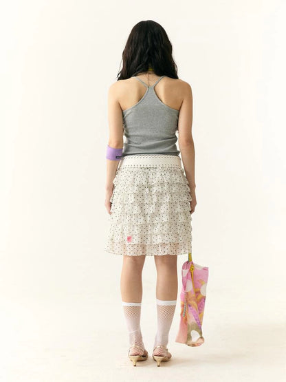 Wii Wil Black White Polka Dot Print Tiered Ruffle Cake Skirt