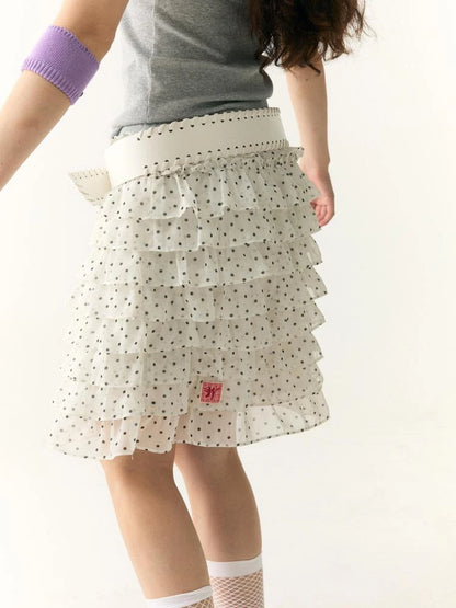 Wii Wil Black White Polka Dot Print Tiered Ruffle Cake Skirt