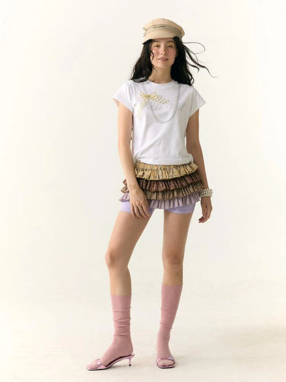 Wii Wil Polka Dot Bow Pearl Necklace Print T-shirt