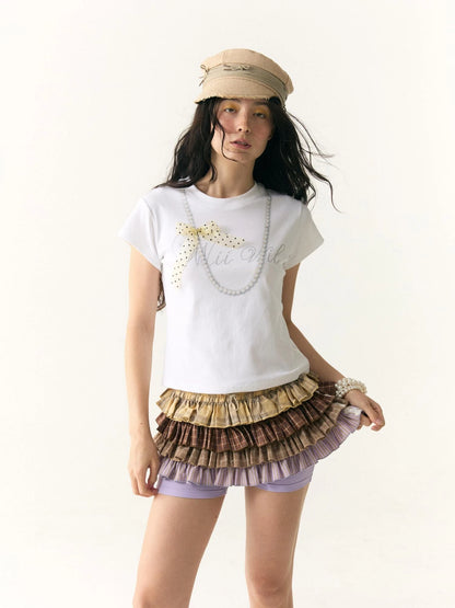 Wii Wil Polka Dot Bow Pearl Necklace Print T-shirt