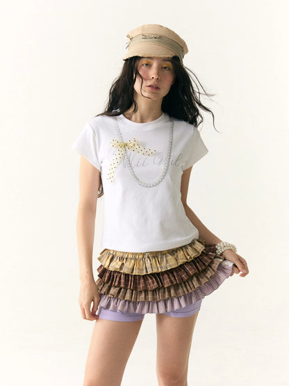 Wii Wil Polka Dot Bow Pearl Necklace Print T-shirt