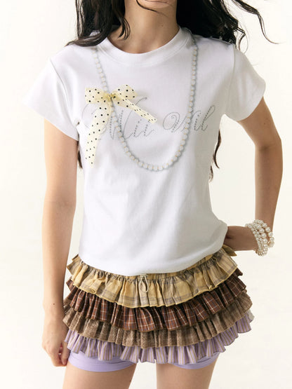 Wii Wil Polka Dot Bow Pearl Necklace Print T-shirt