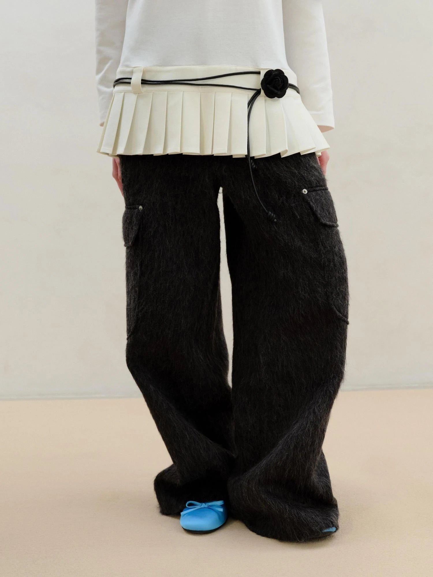 Wool Blend Alpaca Flannel Multi Pocket Straight Leg Cargo Pants