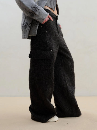 Wool Blend Alpaca Flannel Multi Pocket Straight Leg Cargo Pants