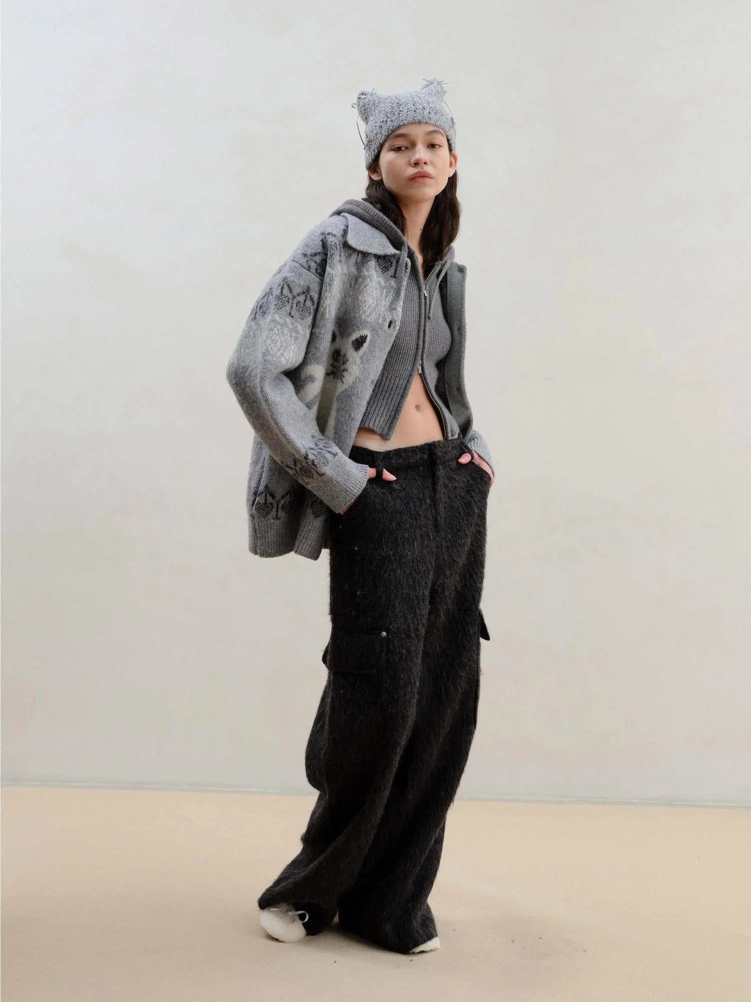 Wool Blend Alpaca Flannel Multi Pocket Straight Leg Cargo Pants