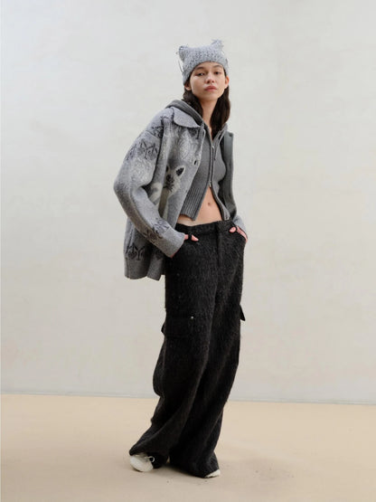 Wool Blend Alpaca Flannel Multi Pocket Straight Leg Cargo Pants