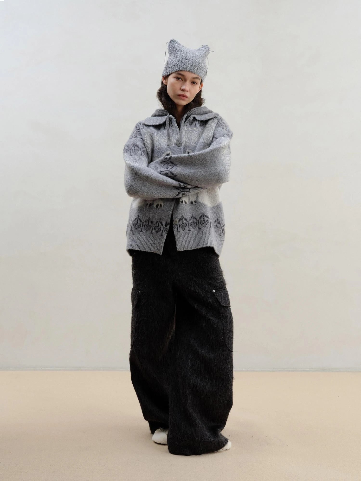 Wool Blend Alpaca Flannel Multi Pocket Straight Leg Cargo Pants