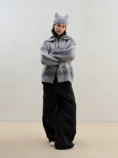 Wool Blend Alpaca Flannel Multi Pocket Straight Leg Cargo Pants