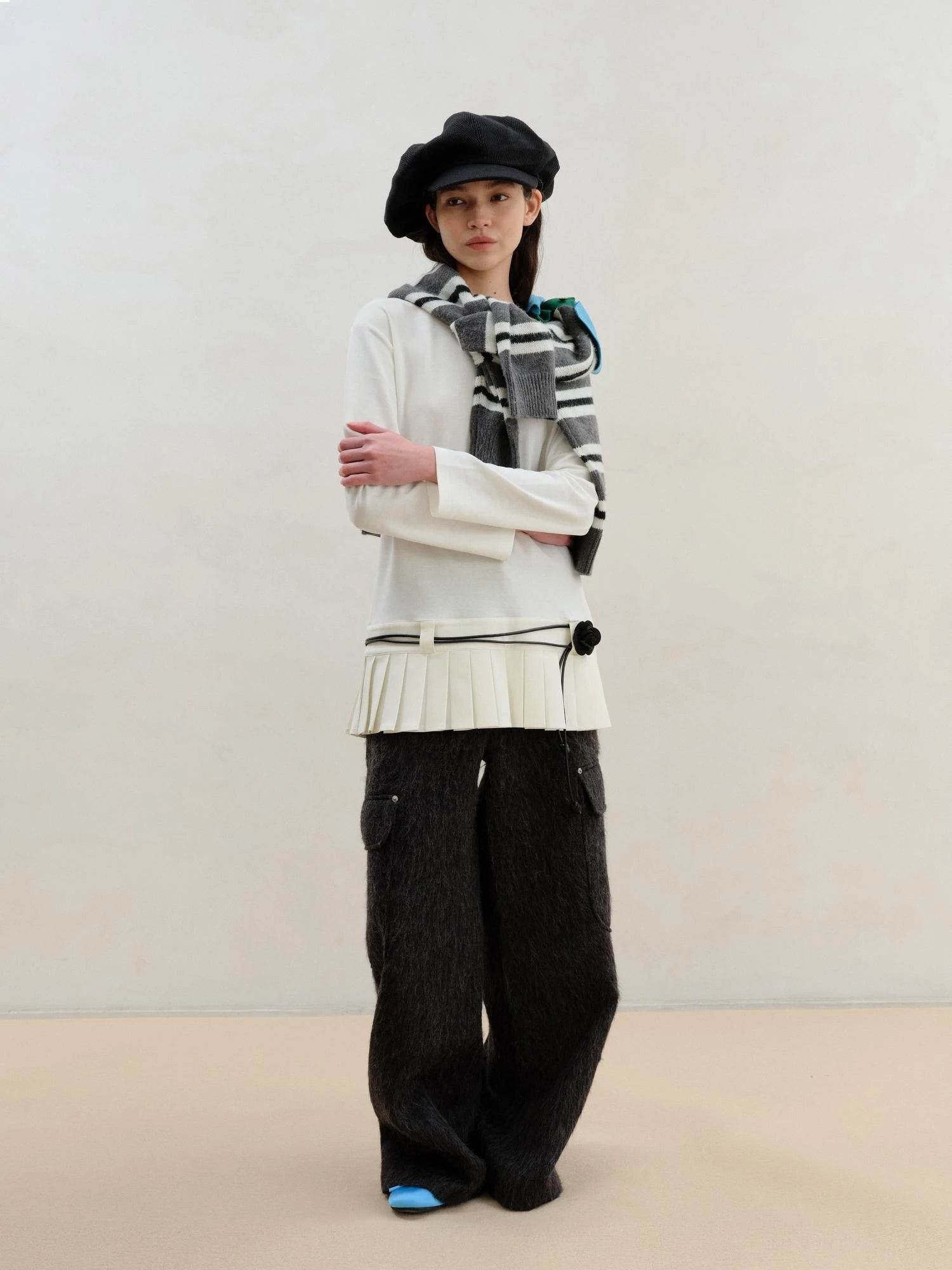 Wool Blend Alpaca Flannel Multi Pocket Straight Leg Cargo Pants