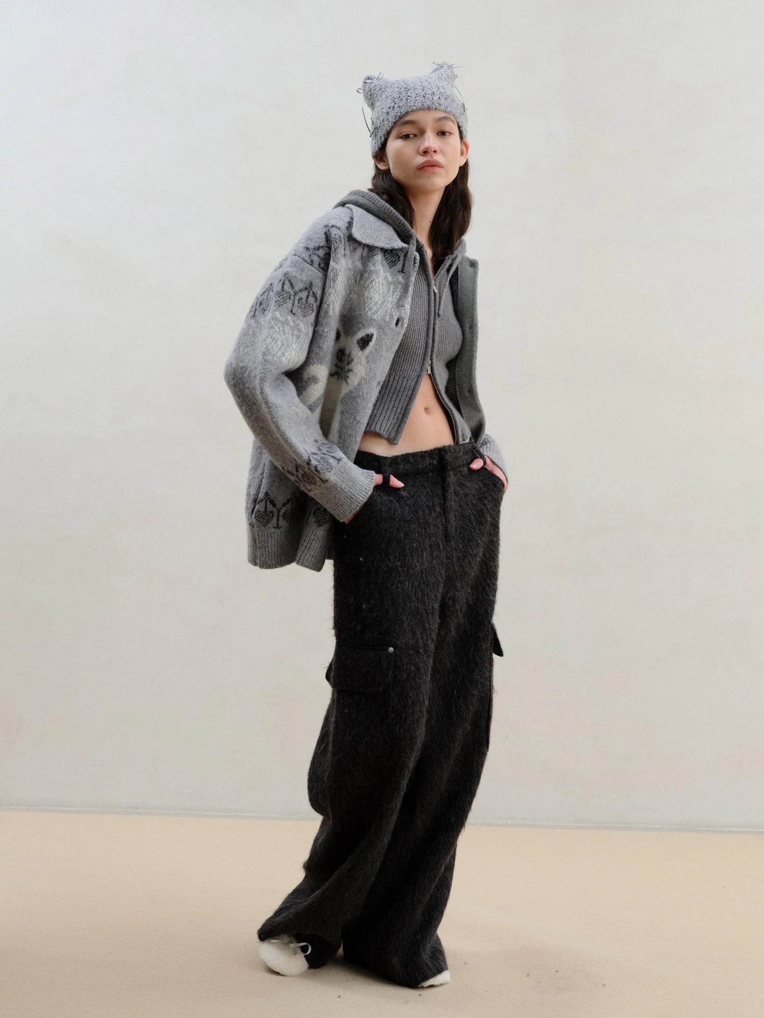 Wool Blend Alpaca Flannel Multi Pocket Straight Leg Cargo Pants