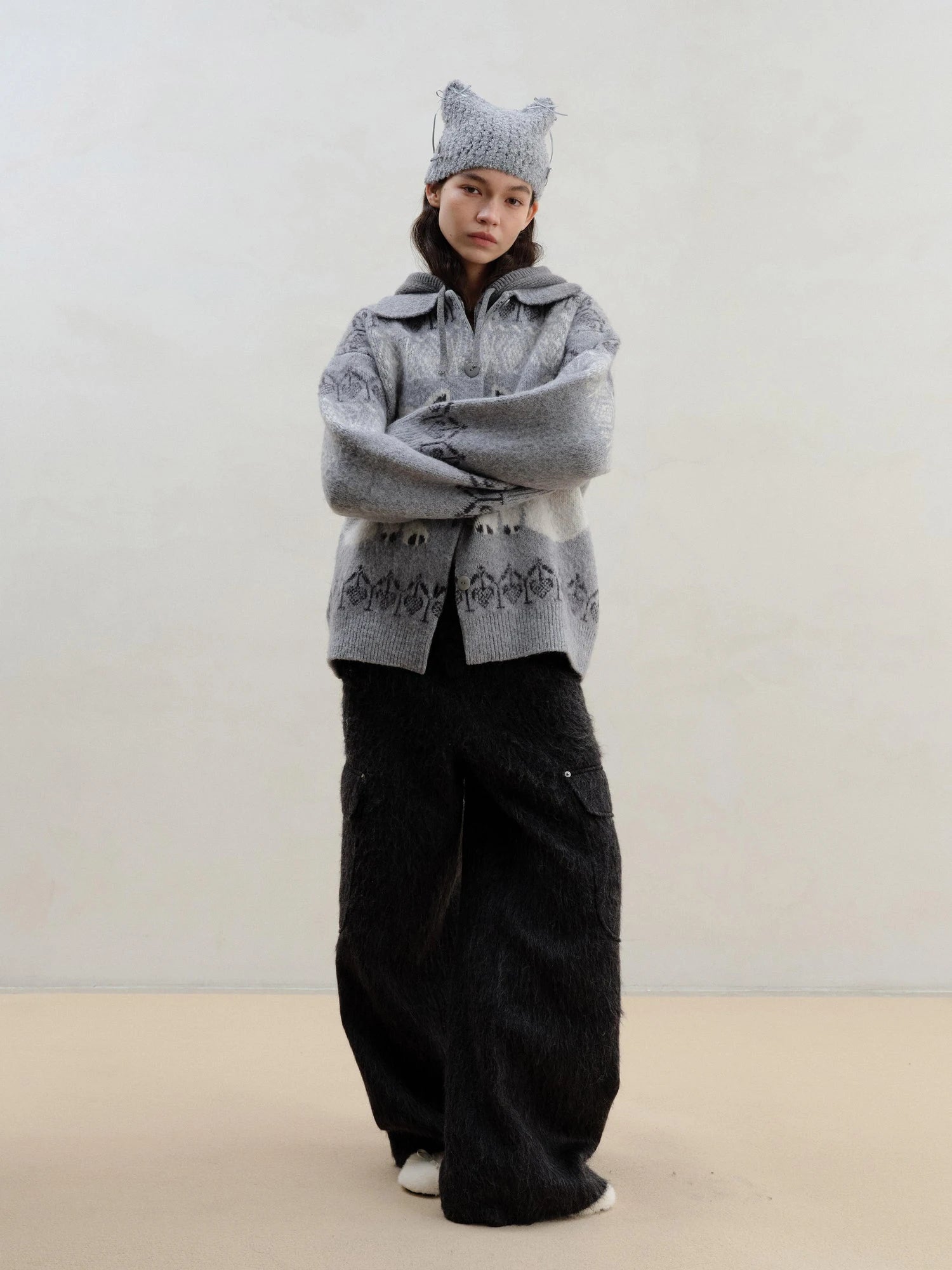 Wool Blend Alpaca Flannel Multi Pocket Straight Leg Cargo Pants