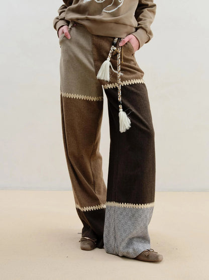 Wool Blend Patchwork Trousers With Shell Embroidery